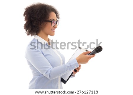 african american female reporter with microphone taking interview isolated on white background