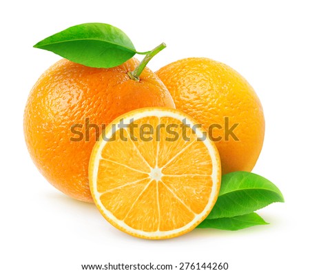 Isolated oranges. Group of fresh orange fruits with leaves on white background, with clipping path Royalty-Free Stock Photo #276144260