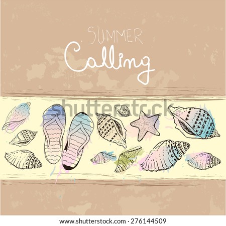 Hand drawn sea shells and flip flops. Vintage summer background