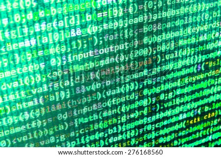 Software developer screen background- source code script. Computer code program. Green color. (MORE SIMILAR IN MY GALLERY)