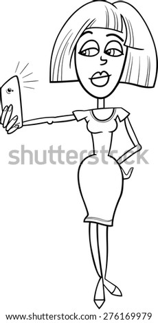 Black and White Cartoon Vector Illustration of Girl in Red Dress Doing Selfie Photo by Smart Phone for Social Media for Coloring Book