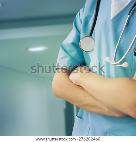 Healthcare And Medicine. Doctor holding stethoscope