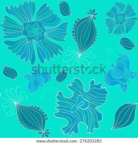 Seamless pale pattern with butterflies and colorful flying petals