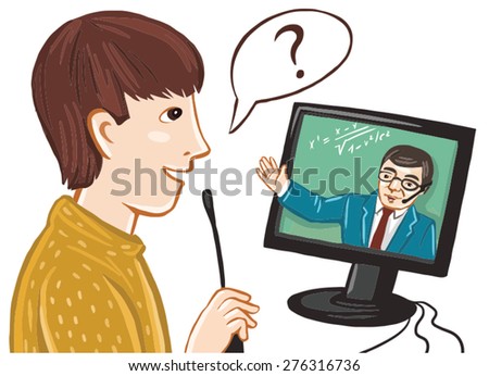 boy communicating with the teacher through the computer monitor. online training, online chat