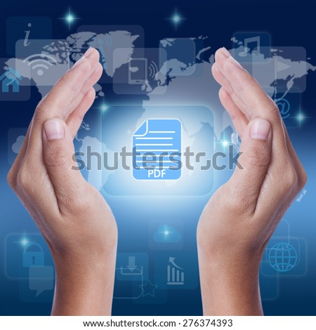 Hand showing pdf icon symbol on screen. business concept