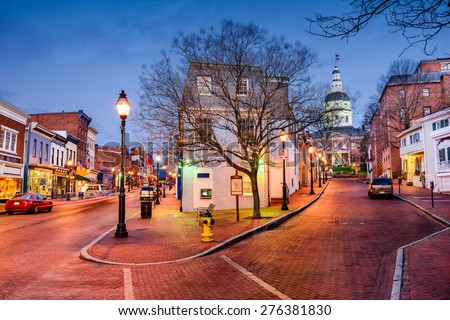 Annapolis, Maryland, USA downtown cityscape on Main Street at twilight.