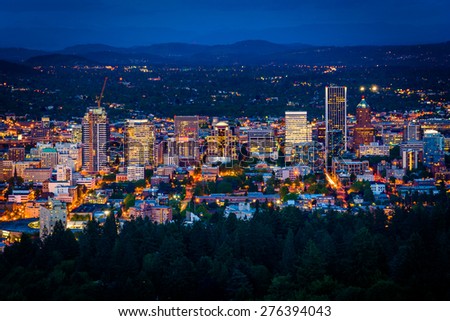 View of the Portland skyline at night, from Pittock Acres Park, in Portland, Oregon.