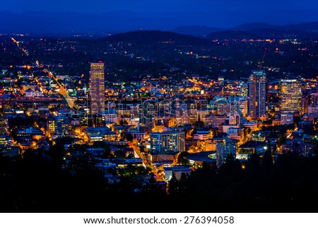 View of the Portland skyline at night, from Pittock Acres Park, in Portland, Oregon.