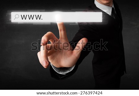 Young man touching web browser address bar with www sign
