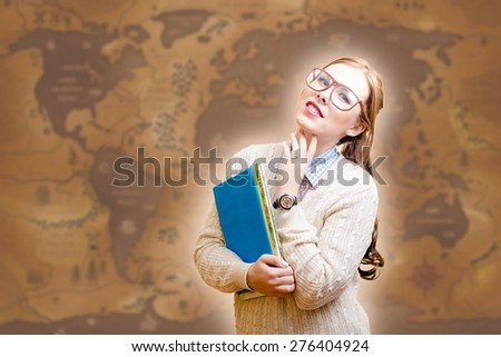 Portrait of beautiful young lady in glasses holding papers or books on old map background