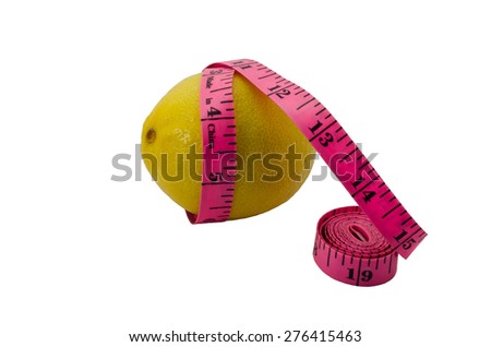 The lemon twisted with tape measure isolated on white background. A concept - a fruit diet and fight against excess weight.