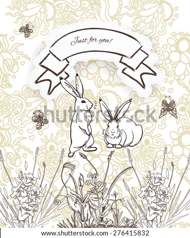 Romantic card with hares. It contains clipping mask.
