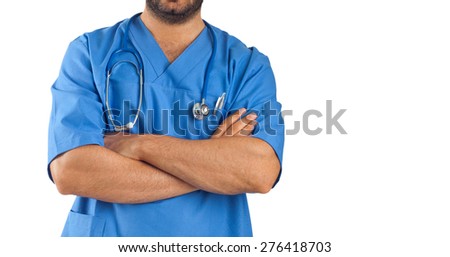 Close up of a man's arms crossed of medical staff on white background