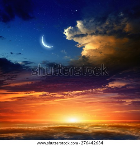 Beautiful background - new moon in dark blue sky with stars, glowing sunset clouds. Elements of this image furnished by NASA