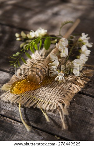 Presentation of small wooden spoon with acacia honey with its flower