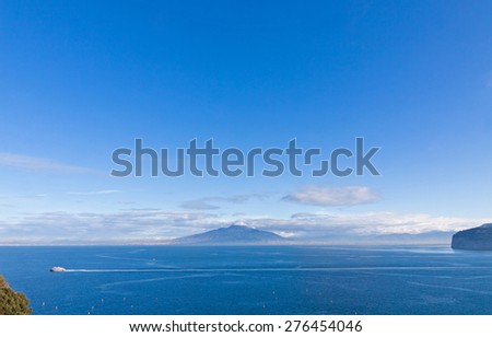 Picturesque morning view of Gulf of Naples and Mount Vesuvius on the background. View from Sorrento city, Campania province, Italy