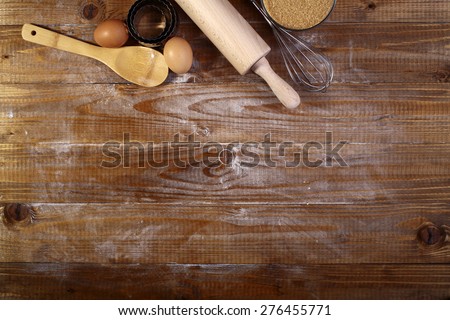 Ingredients and appliances for cooking on wooden table top coyspace, horizontal picture