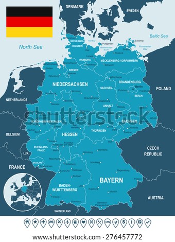 Germany map, flag and navigation labels - illustration
- land contours
- country and land names
- city names
- water object names
- flag
- navigation icons
