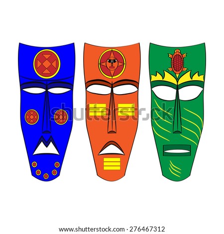 Set of colored masks of the Aztecs and the Maya of ancient Mexico