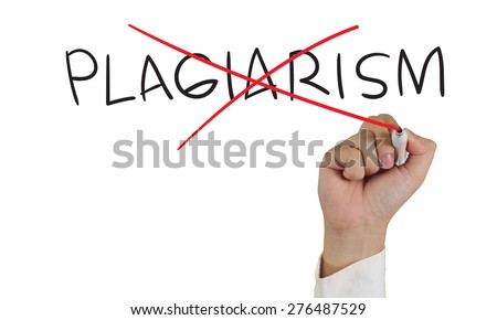Business concept image of a hand holding marker and write Plagiarism with cross sign isolated on white