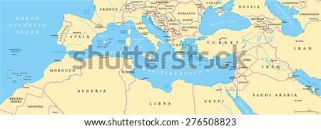 Mediterranean Basin Political Map. South Europe, North Africa and Near East with capitals, national borders, rivers and lakes. English labeling and scaling. Illustration. Royalty-Free Stock Photo #276508823