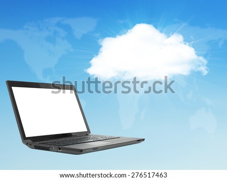 Laptop on abstract background with cloud. Virtual world map.