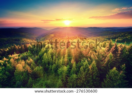 Bird's-eye view of a scenic sunset over the   forest hills, with toned dramatic colors