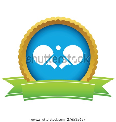 Round icon with ribbon, with image of table tennis racket, isolated on white