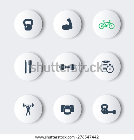 fitness, sport, gym round modern icons with shadows, vector illustration, eps10, easy to edit