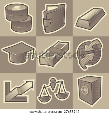 Set of monochrome finance retro icons. Hatched in style of engraving. Vector illustration.