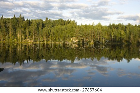 Forest lake in the evening of summer day, Karelia, Russia