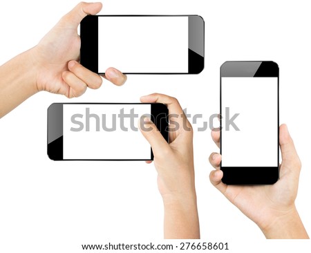 closeup hand hold smartphone isolated white