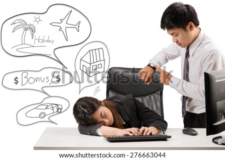 Employees woman sleeping at a desk. She dreams of home, car and travel to bonus received from the boss