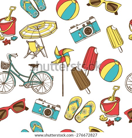 Retro summer vacation seamless pattern with hand drawn bicycle, flip flops, toy pinwheel, sun glasses, ice cream, beach ball, children's beach toys, photo camera. White background