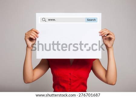 Woman holding a blank paper sheet with an internet search bar on it