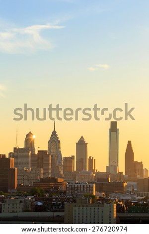 Panorama of Philadelphia skyline at sunset

