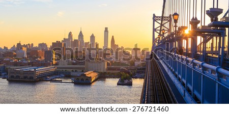 Panorama of Philadelphia skyline, Ben Franklin Bridge and Penn's Landing sunset

