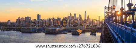 Panorama of Philadelphia skyline, Ben Franklin Bridge and Penn's Landing sunset

