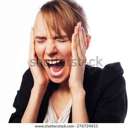 Stress and fatigue: angry screaming businesswoman. Isolated on white. Royalty-Free Stock Photo #276724655