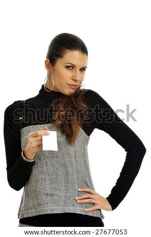 Half body view of young woman in elegant business wear, giving a blank business card with free space for a custom message. Isolated on white background