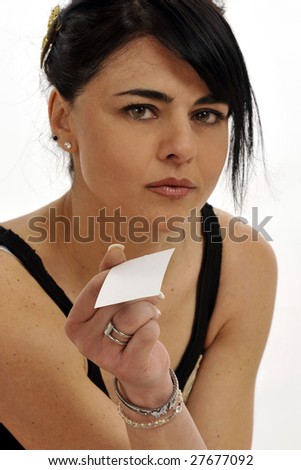 Portrait of young woman giving a blank business card with free space for a custom message. Isolated on white background