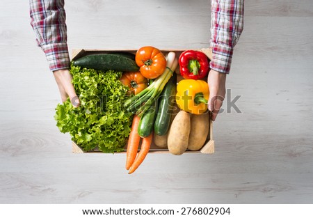 Farmer holding a wooden crate filled with fresh harvested vegetables from his garden Royalty-Free Stock Photo #276802904