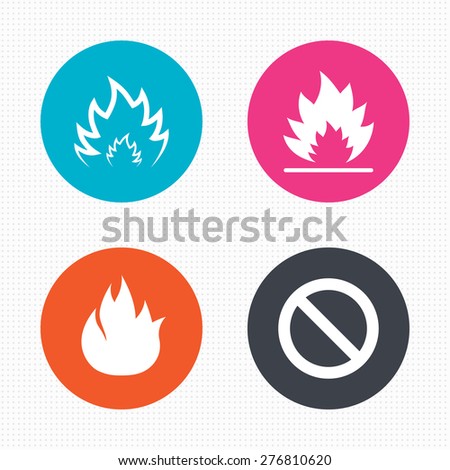 Circle buttons. Fire flame icons. Prohibition stop sign symbol. Seamless squares texture. Vector