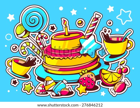 Vector illustration of cake with candle, sweets and cup of tea on blue background with star and heart. Hand draw line art design for web, site, advertising, banner, poster, board and print.  
