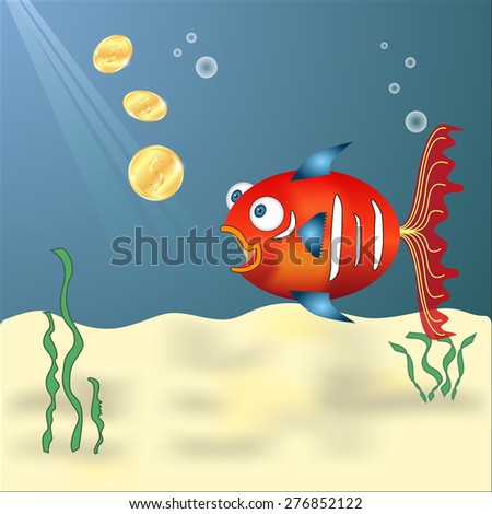 Surprised red fish with gold coins. Cartoon fish. Vector illustration 