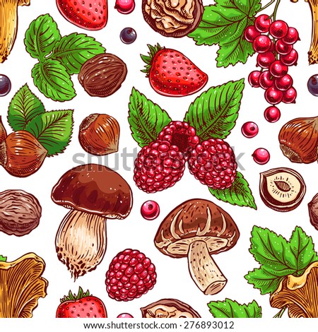 Cute seamless background with colorful ripe berries, nuts and mushrooms. hand-drawn illustration