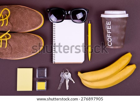 Kit of student, teenager, young woman or guy. Different objects on brown background. Morning coffee. Place for text. Hipster style.