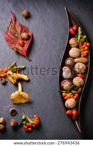 Decorative ceramic plate with nuts, berries and mushrooms over black background. Top view. See series.