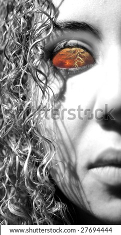 Portrait of a woman, treated in photoshop to give it a scary look, presenting Bandora the myth, the eye is a thunderstorm picture thats taken by the photographer and added to this capture.