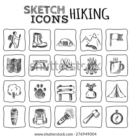 Vector set of sketch hiking icons. Hand-drawn design elements isolated on white background.
